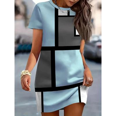 Robes Mini Mode à Carreaux pour Femmes Été Manches Courtes Imprimé 3D Robe de Rue pour Dames 3XL Grande Taille Robe Décontractée