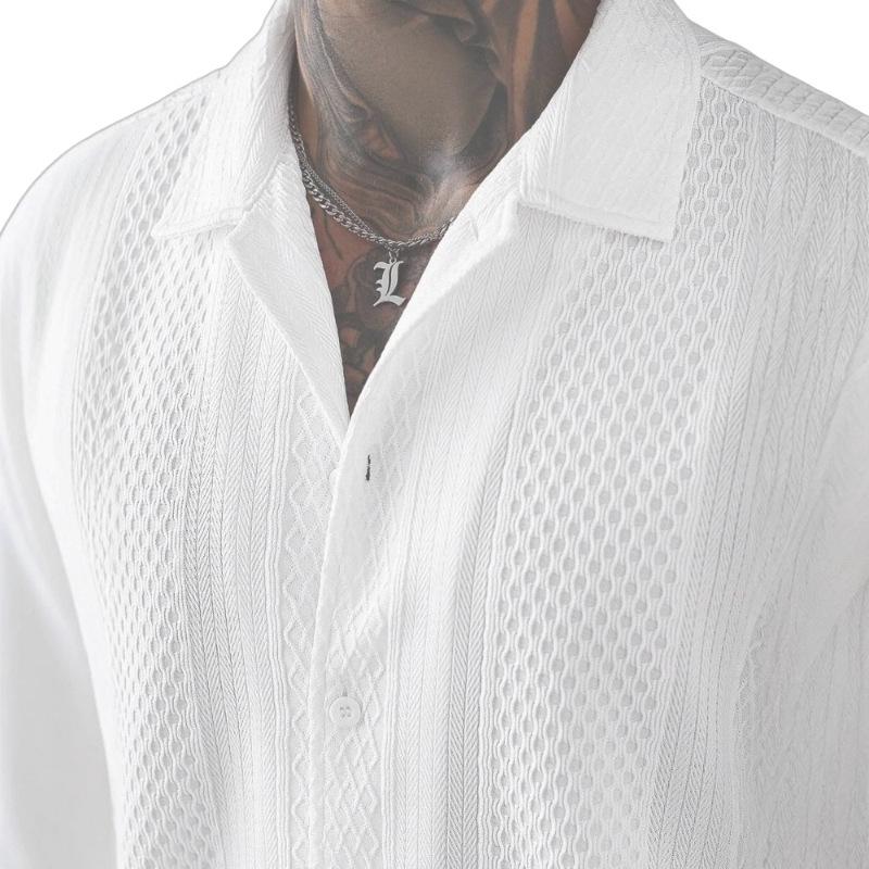 Summer Popular Men's Short-sleeved Shirt Solid Color Knitted Hollow Lapel Breathable Top