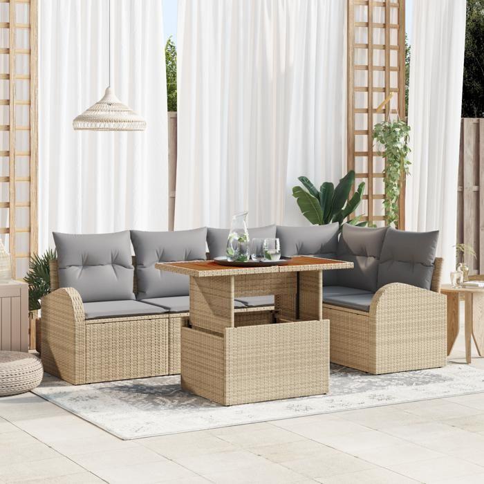 VidaXL Ensemble salle à manger jardin 6 pièces avec coussins Beige Poly Rattan Acacia 3349587