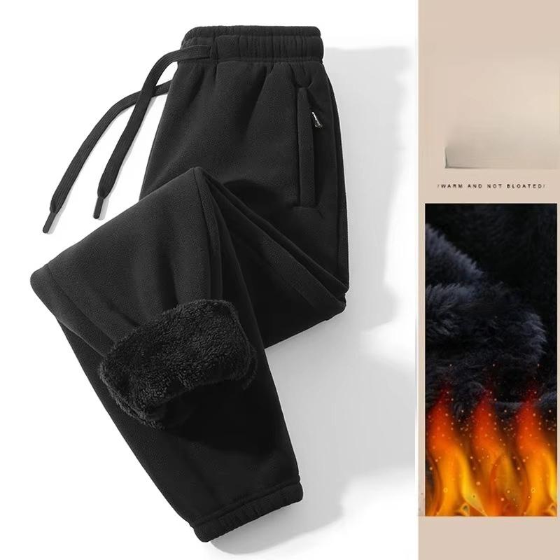 Men's Winter Pants Thickened Solid Zip Pocket Double-sided Polar Fleece Knit Sweatpants Windproof Pants