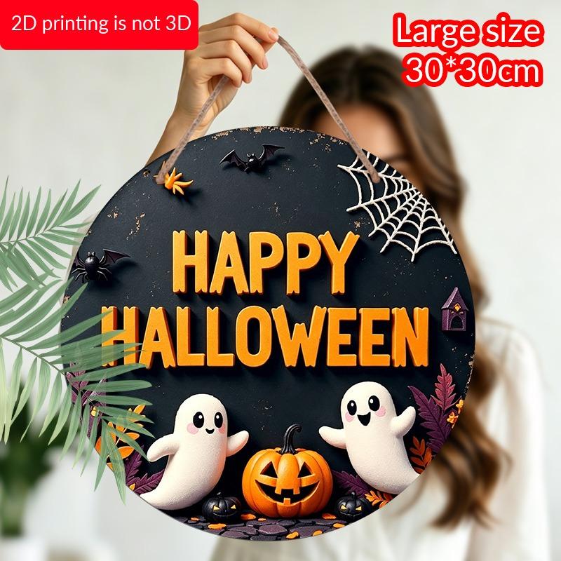 2D Flat, 1pc Decorative Plaques and Ornaments Sign, Round Distressed Aluminum Happy Halloween Cute Ghost Hanging Plaque, Pumpkin Bat Web Farmhouse