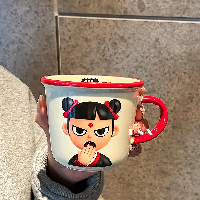The new Nezha ceramic milk cup microwave can be heated to children's drinking cup graduated oatmeal cup souvenir