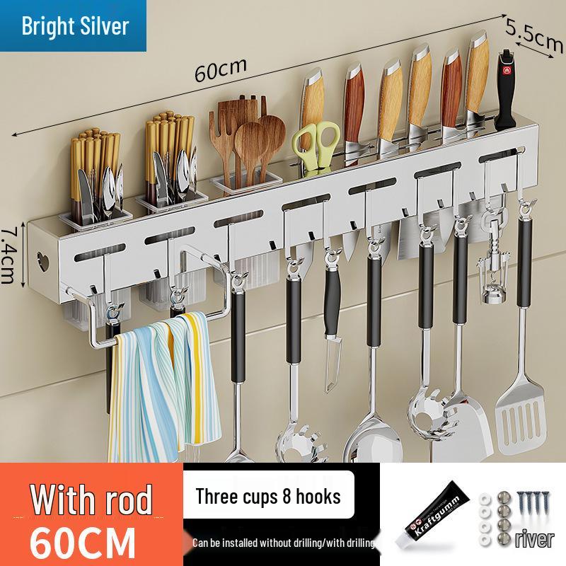 Stainless Steel Wall-Mounted Knife & Chopstick Holder with No-Punch Hanging Design