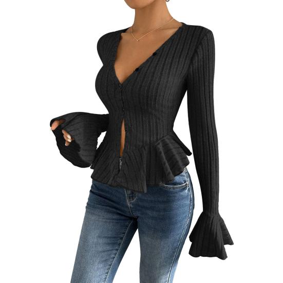 Women Tops Slim Fit V Neck Flared Long Sleeve Ruffle Detail Knitting Tops Solid Color Buttons Closure Winter Sweater