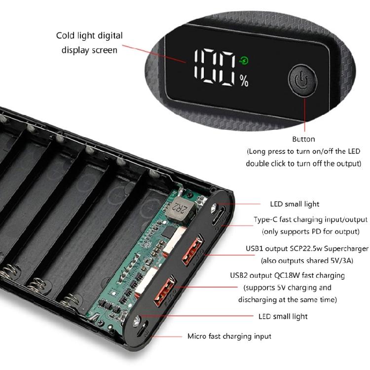 Scatola Porta Batteria 18650 Fai-da-te, Scatola Alimentatore Fai-da-te con Luci LED Supporto Custodia Funzioni di Ricarica PD/Ricarica Rapida