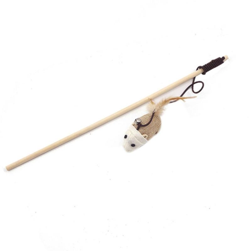 Wood+cotton Rope Funny  Cat  Stick Cartoon Animal Shape Feather Bell Pendant Wooden Pole Elastic
