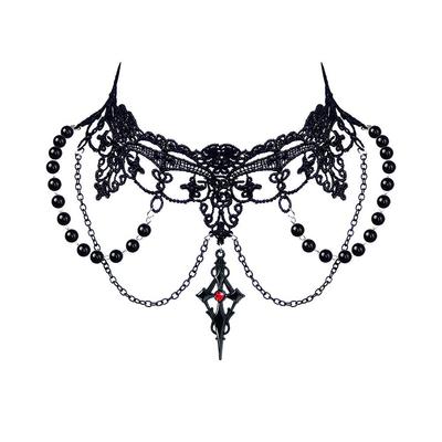 Perlenquasten-Kreuz-Choker: Gotische Halloween Lolita Spitzenhalskette