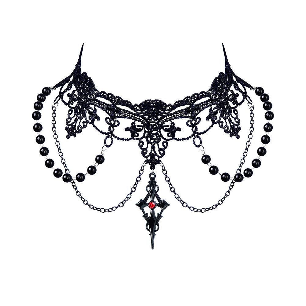 Pearl Tassel Cross Choker: Gothic Halloween Lolita Lace Necklace