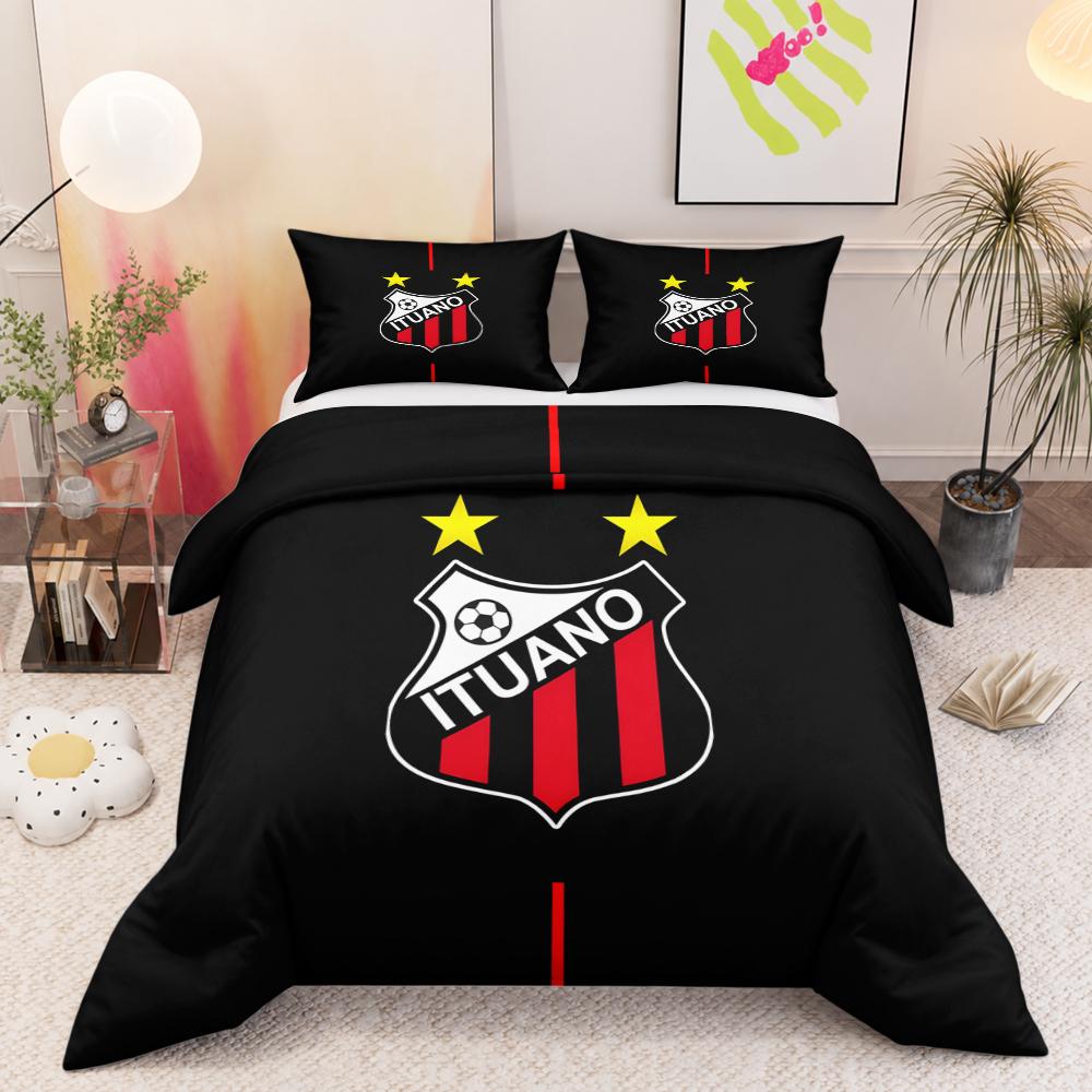 Ituano FC Crest 3 Piece Bedding Set, Red White Stripes Stars Soccer Emblem Duvet Cover Set for Brazilian Football Fans