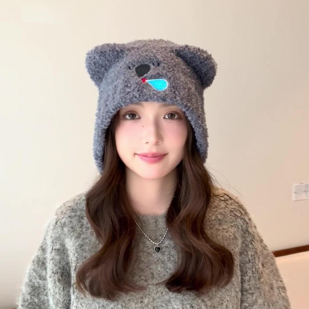 Women Autumn Winter Warm Thicken Ear Protector Hat Cold Velvet Fisherman Hats Sweet Cute Bear Knitted Wool Cap