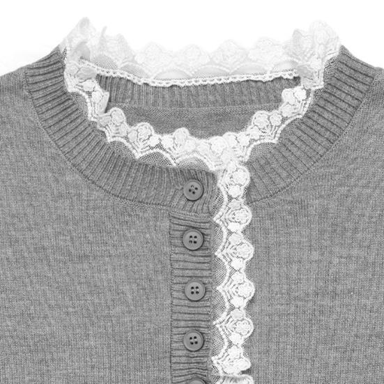 Women Sweater Round Neck Buttons Half Placket Long Sleeve Knitting Tops Solid Color Lace Trim Jumper Tops Casual Wear