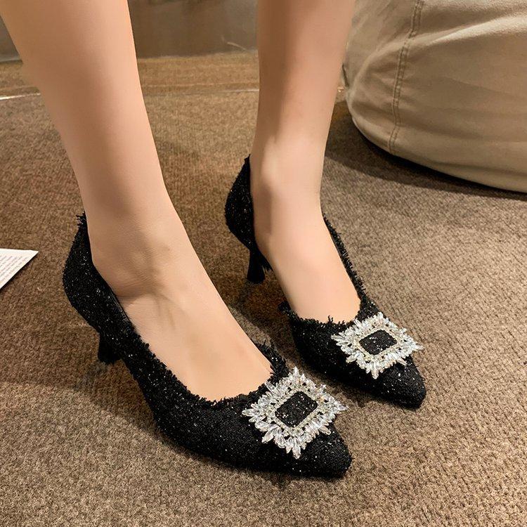 

2025 autumn European and American high heels women s new thin heel rhinestone square buckle pointed small fragrant style Internet celebrity fashion si 40 чорний