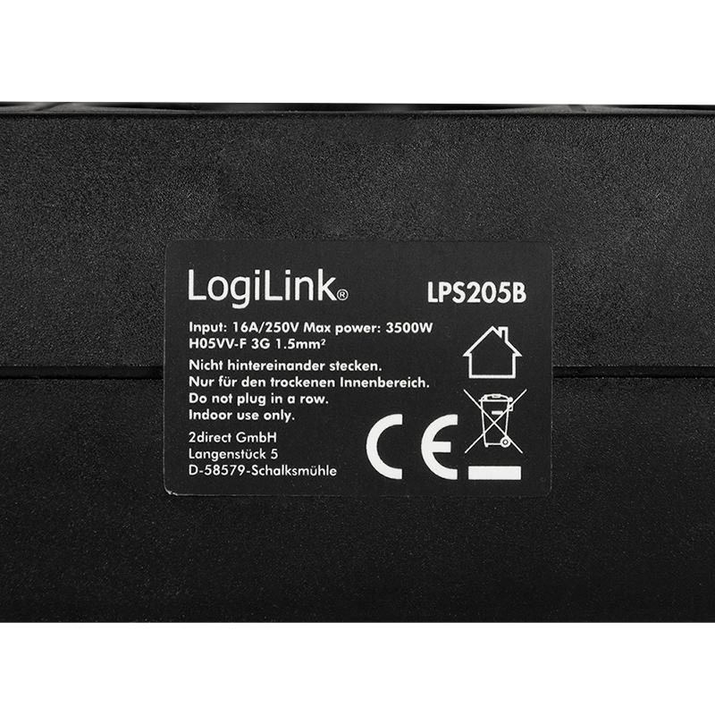 Logilink CEE7/3 Power Strip, 3x Grounded Socket, 1.5 M, 3500W, Black
