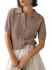 Women's Polo Collar Short Sleeved Knitted Sweater, Women's Casual Solid Color Twisted Flower Knitted Sweater