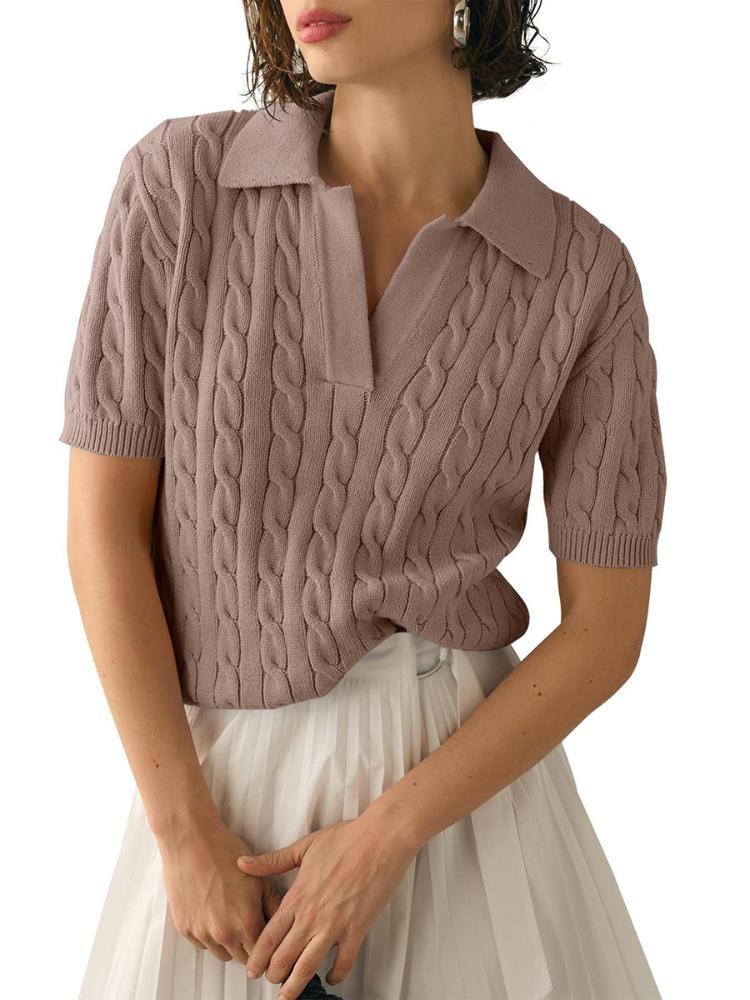Women's polo collar short sleeved knitted sweater, women's casual solid color twisted flower knitted sweater