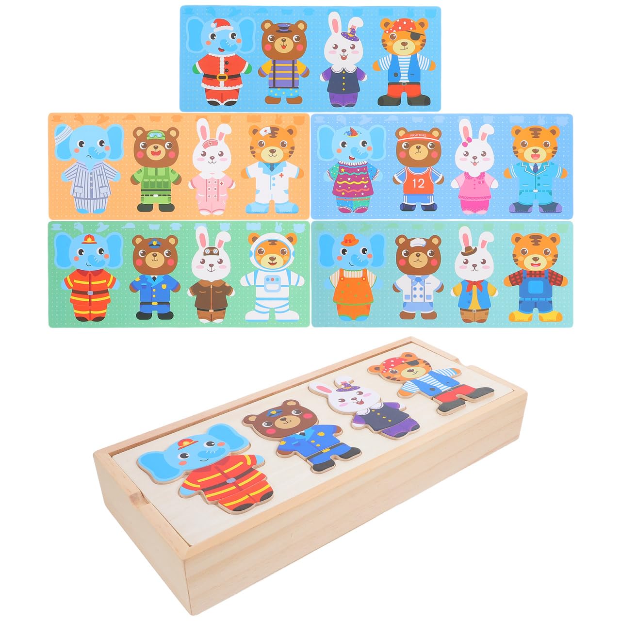

SAFIGLE Wooden Puzzle Animal Dress-Up Toy, 20-Piece Set, Finger Training Educational Game with Storage Box, 30 x 5.1 x 1.8 Inches, Approx. 420g