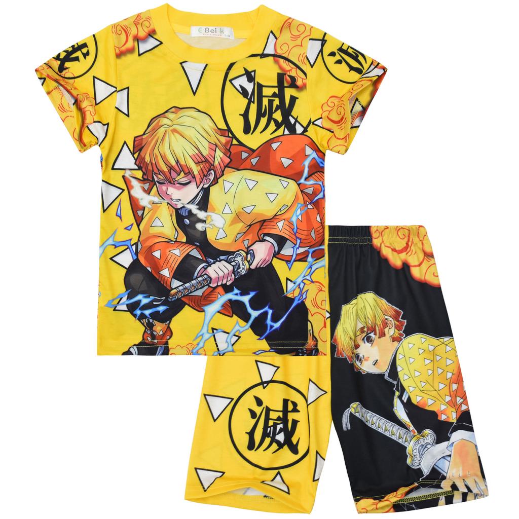 Kids Boys Anime Cartoon Demon Slayer Kimetsu No Yaiba Short Sleeves T-shirt Top Shorts Pants Clothes Sets