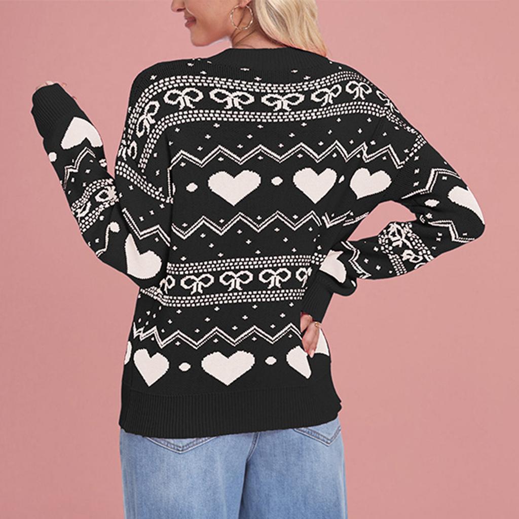 Damen Modischer Rundhals Langarm Pullover in Herzform, Kontrastfarbiger Pullover, Pullover-Top