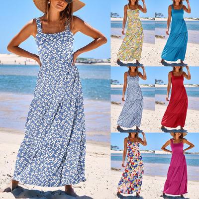 Women's Summer Casual Long Maxi Beach Vacation Dresses Sleeveless Square Neck Flowy Tiered Sun Dress With Pockets
