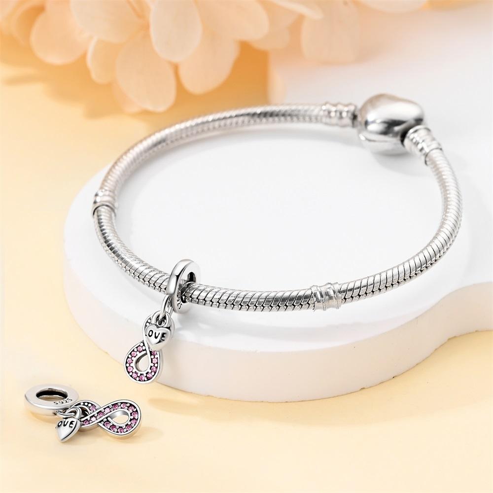 Original Copper Charms Luxury Pink Zircon Infinite Heart Pendant Beads Fit Bracelet Diy Women Making Delicate Gift