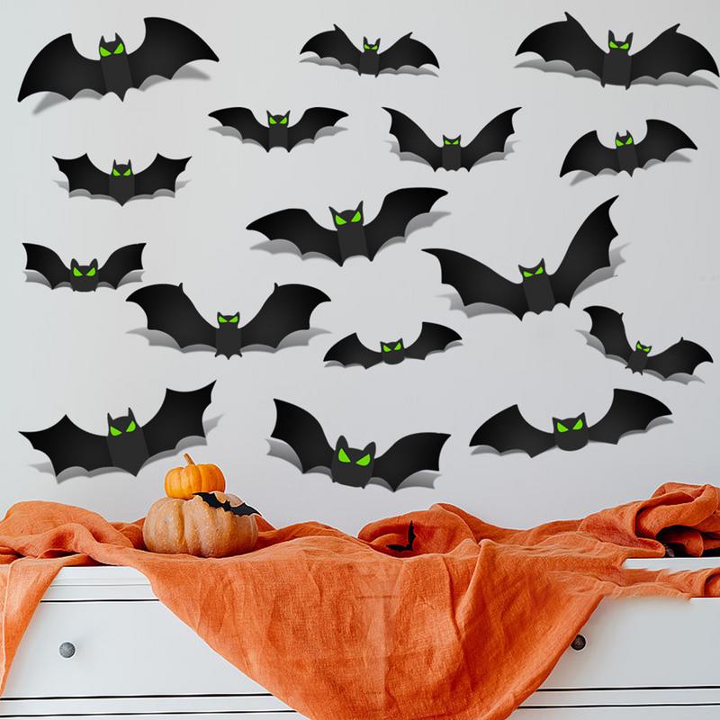 Halloween Bats Wall Decor 3D Halloween Bat Decorations Glow Eyes Bats 128 Pieces Scary Bats Wall Decoration For Bathroom Kitchen