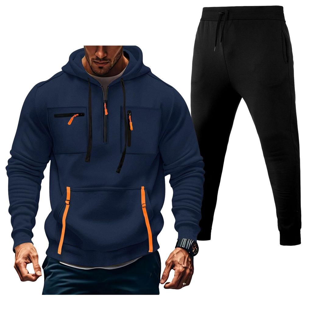 Men's Multi-Zipper Hoodie Sweatshirt & Sweatpants Set with Pockets