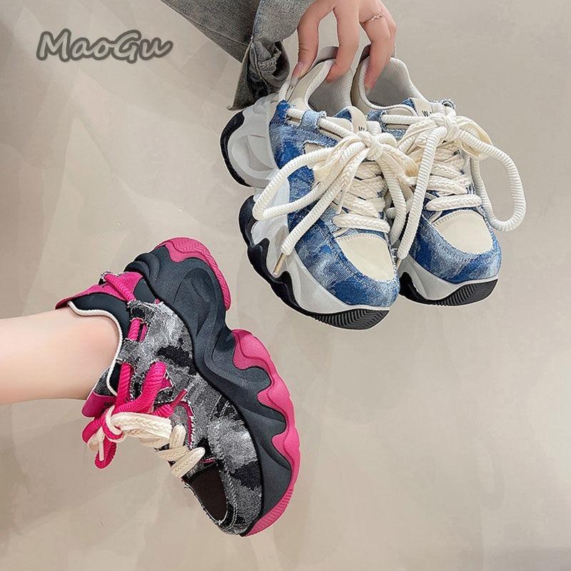 Fashion Women 5.5CM Thick Sole Lace Up Casual Chunky Sneakers Lightweight Comfortable Women Canvas Walking Shoes Outwear Sneakers 35-40