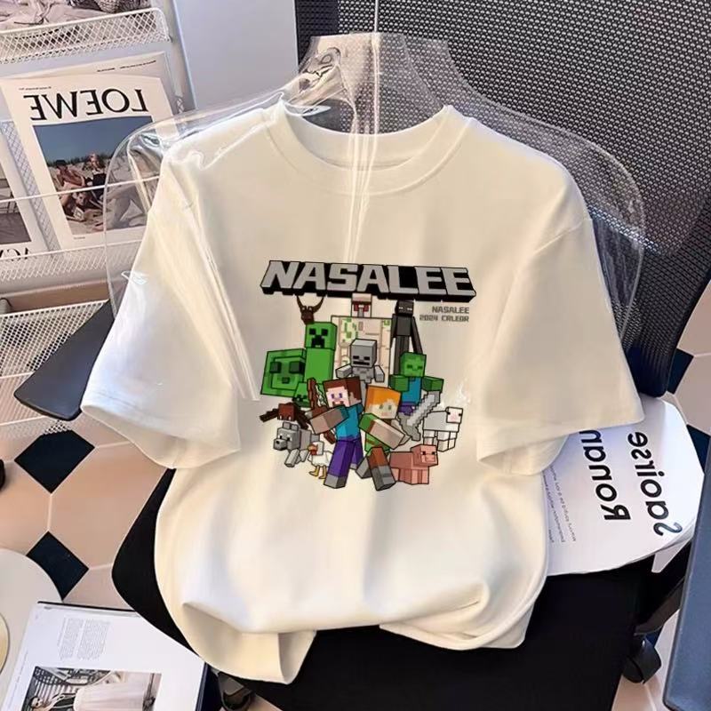Kids Minecraft Themed White Cotton T Shirt Boys Summer Short Sleeve Top For Big Kids Breathable Tee 90