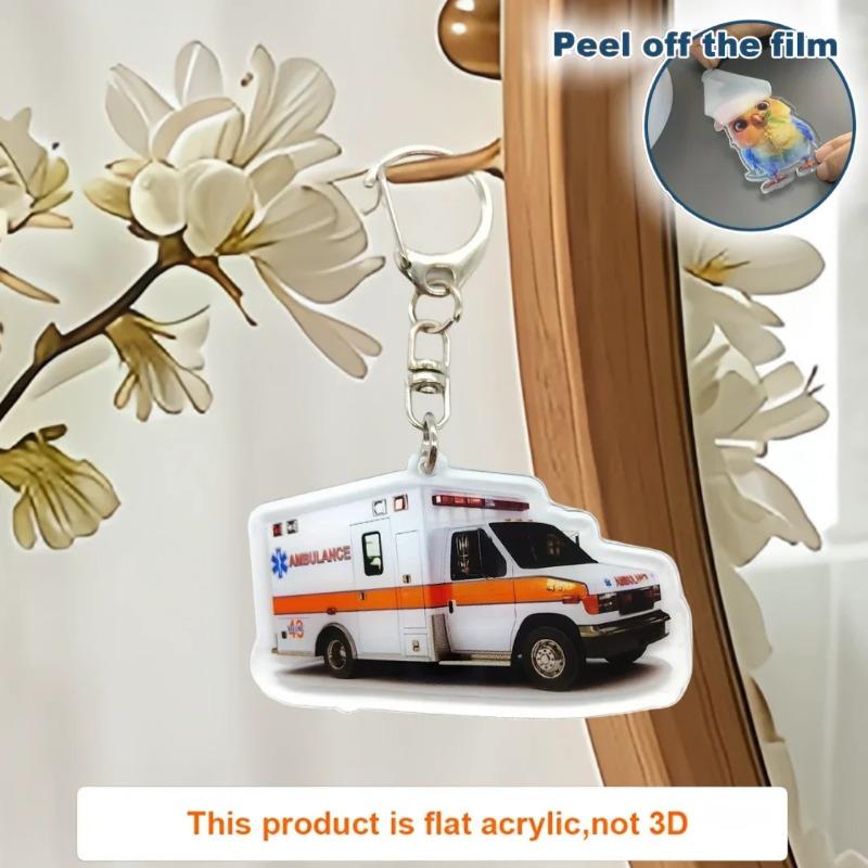 Ambulance Pendant Keychain,Vehicle Theme 2D Flat Acrylic Ornament Charm,Hanging Decoration for Car,Bags,Festive,Home,Party,Gift