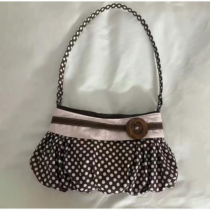 Retro Polka Dot Shoulder Bag Wooden Button Decor Handbag Pleated Design Soft Dumpling Bag Striped Pattern Casual Commuter Bag