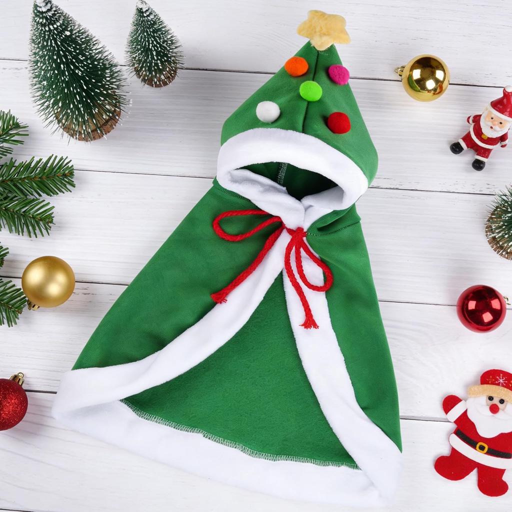 1Pc Cat Christmas Cape with Star and Pompoms Hat Festive Pets Christmas Costume Green Soft Cloak for Small Breed Dogs Holiday Party Outfit Pet Attire
