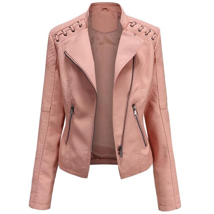 Stylish Women Faux Leather Moto Jacket Retro Lacing Detail PU Biker Coat Casual Zip Up Outerwear Slim Fit Short Classic Plus Size S-4XL