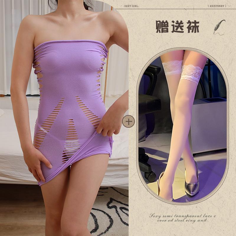 Hollow Chest Big Super Elastic Tight Short Skirt Sexy Spice Girl Torn Hip Wrap Dress Women