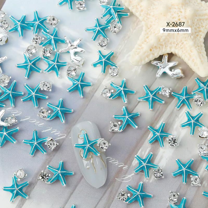 10Pcs Ocean Starfish Shell Nail Charms Nail Rhinestones 3D Diamond Alloy Nail Art Decoration DIY Manicure Nail Part Salon Summer