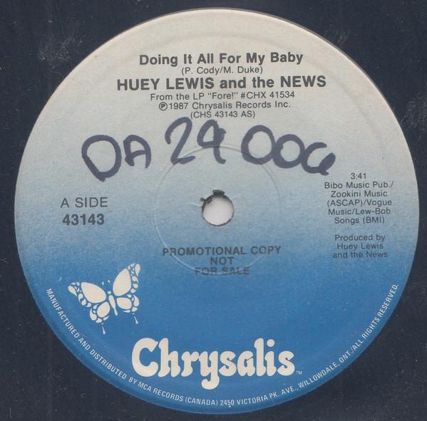 

7-дюймовая пластинка HUEY LEWIS THE NEWS Doing It All For My Baby 43143PROMO Chrysalis 1987 Канада Рок Б/у