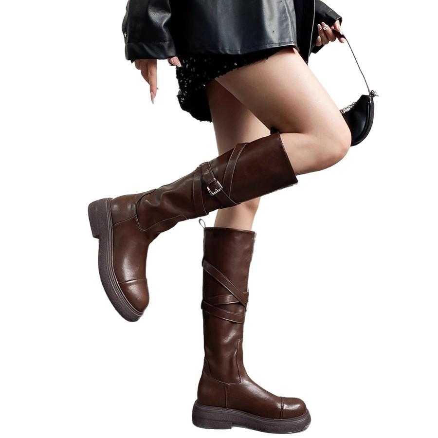 Cowhide version~ New platform boots women's British style knight boots retro fold autumn and winter Maillard locomotive