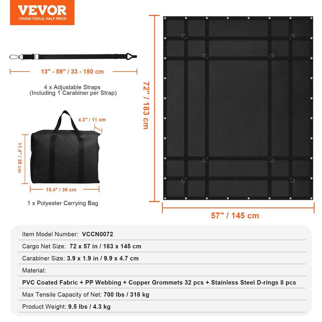 Cargo Net Heavy Duty Cargo Net 72" x 57" Adjustable Buckles & S-Hooks