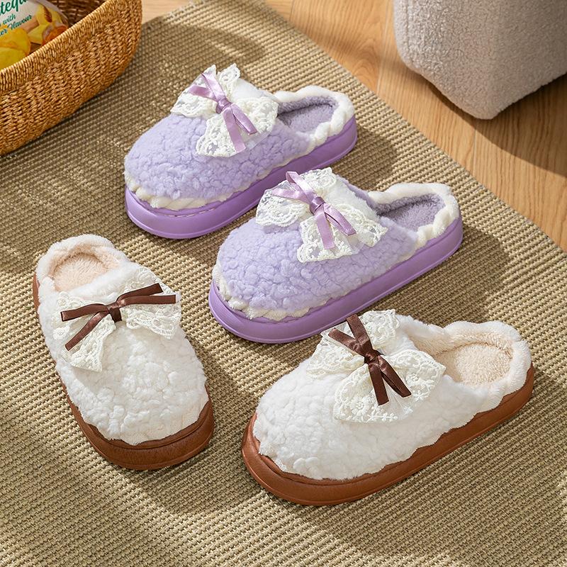 Bow cotton slippers winter 2025 new indoor home thick bottom non-slip piled warm plush slippers