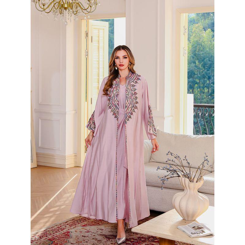 New Embroidered Stand Collar Cardigan Robe Base Skirt Middle East Dress Evening dress Two piece dress set Dress
