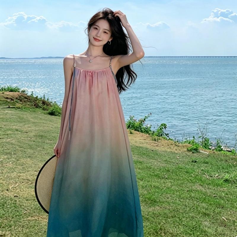 Summer Gradual Change of Color Suspender Dress Women's Seaside Vacation Wind Loose and Thin Big Swing Long Beach Dress Tide