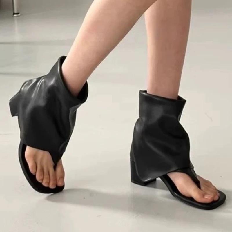 Fashion Women's Shoes 2024 Hot Sale Summer Slip on Women's Sandals Square Toe Solid Cover Heel Open Toe Chunky Heels Roman Thong Sandals