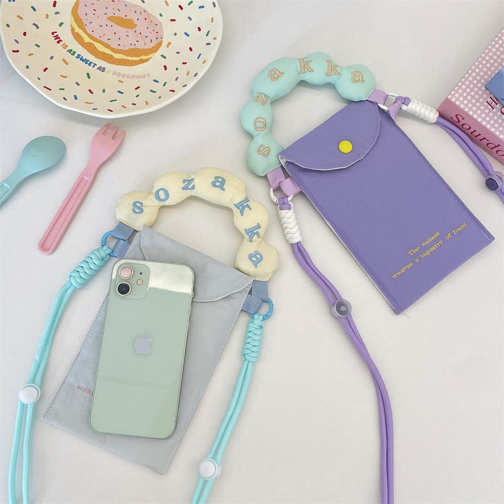 1 New Contrasting Color Embroidery Mobile Phone Bag Mini Handbag Small Fresh Canvas Portable Messenger Mobile Phone Bag