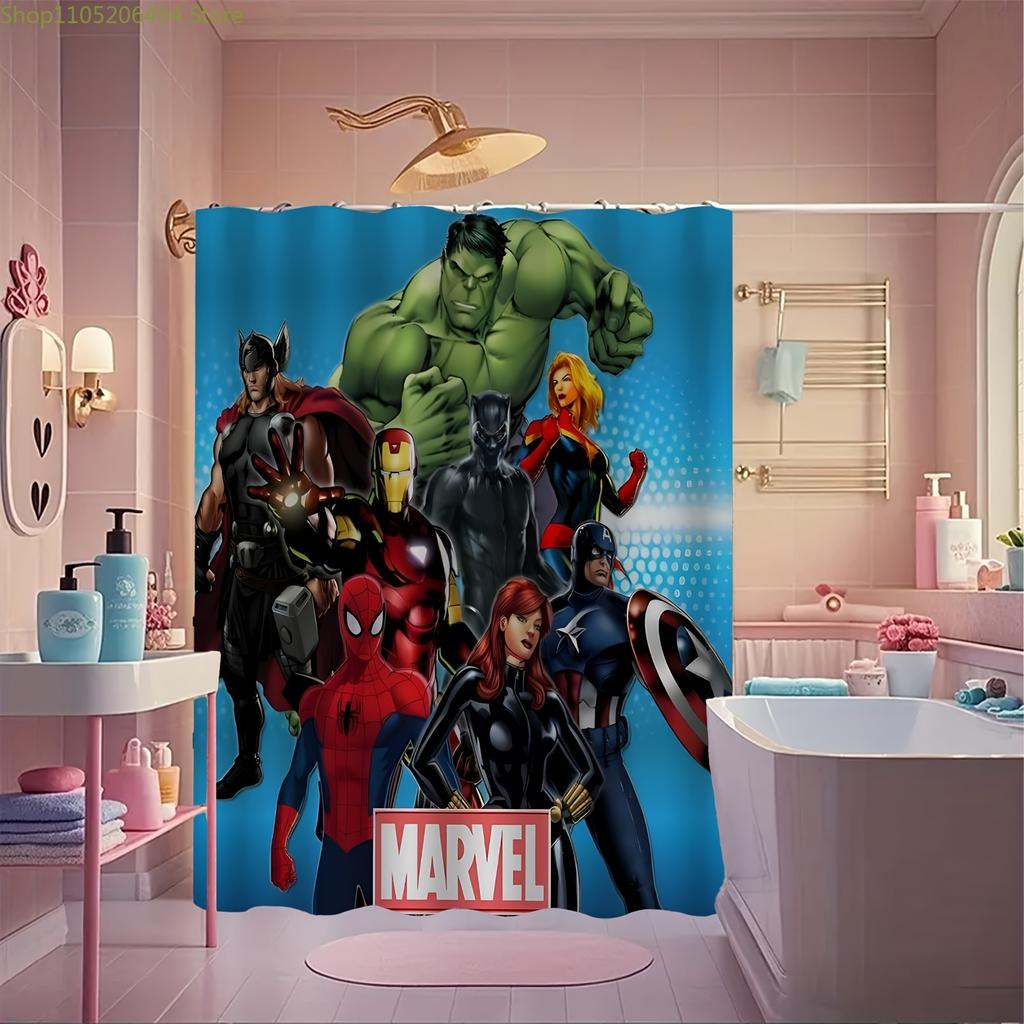 1pc Marvel Superhero Shower Curtain with Hooks - Vibrant Polyester Design, Machine Washable, Unlined, Cartoon Character Bathro