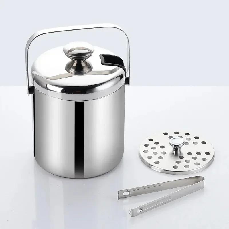 Eiskübel mit Zange, doppelt, 1,3 l, mit Wandsieb, Griff, für Zuhause, Bar, Partys, Bier, Champagner, Edelstahl, Kühlkübel