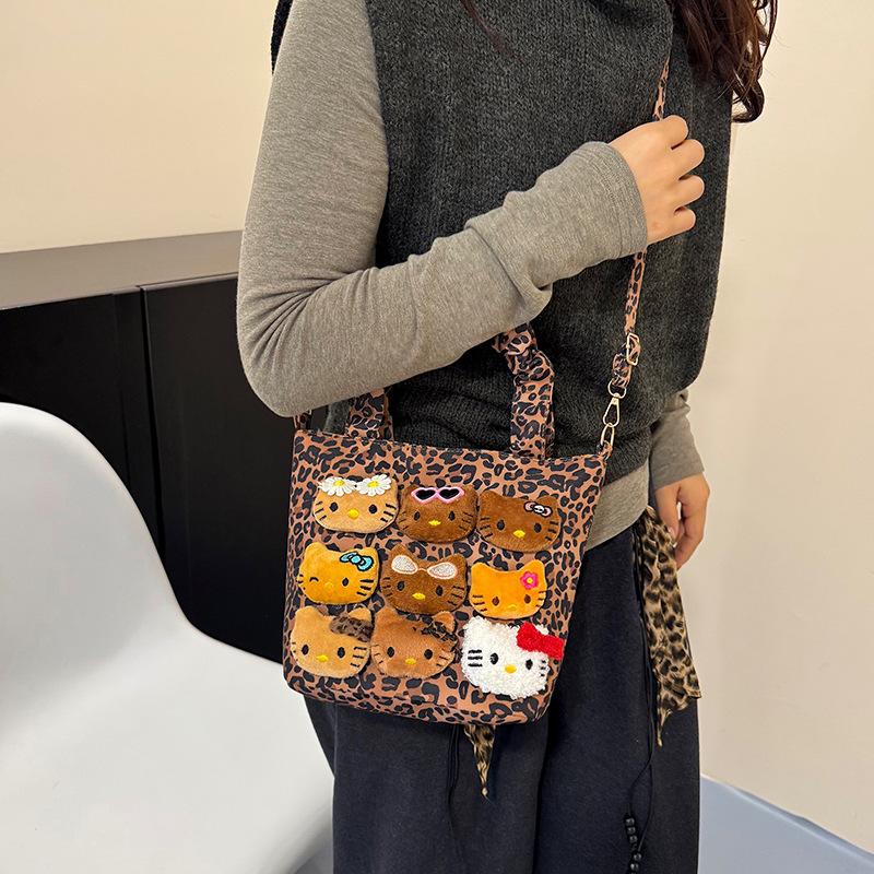 Autumn And Winter Small Leopard Print Bag Is Popular And Versatile One-shoulder Crossbody Bag Cute Cartoon Cat Portable Bucket Bag