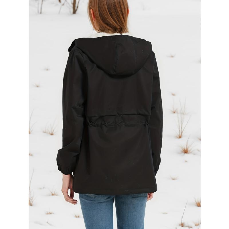 Dámská podzimní zimní středně dlouhá plyšová bunda s kapucí a stahovací šňůrkou v pase, jednobarevný kabát