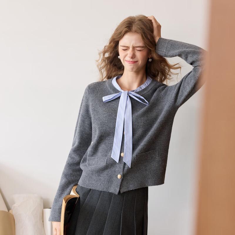 Sancai 2026 Winter Faux Two-Piece Striped Knitted Cardigan