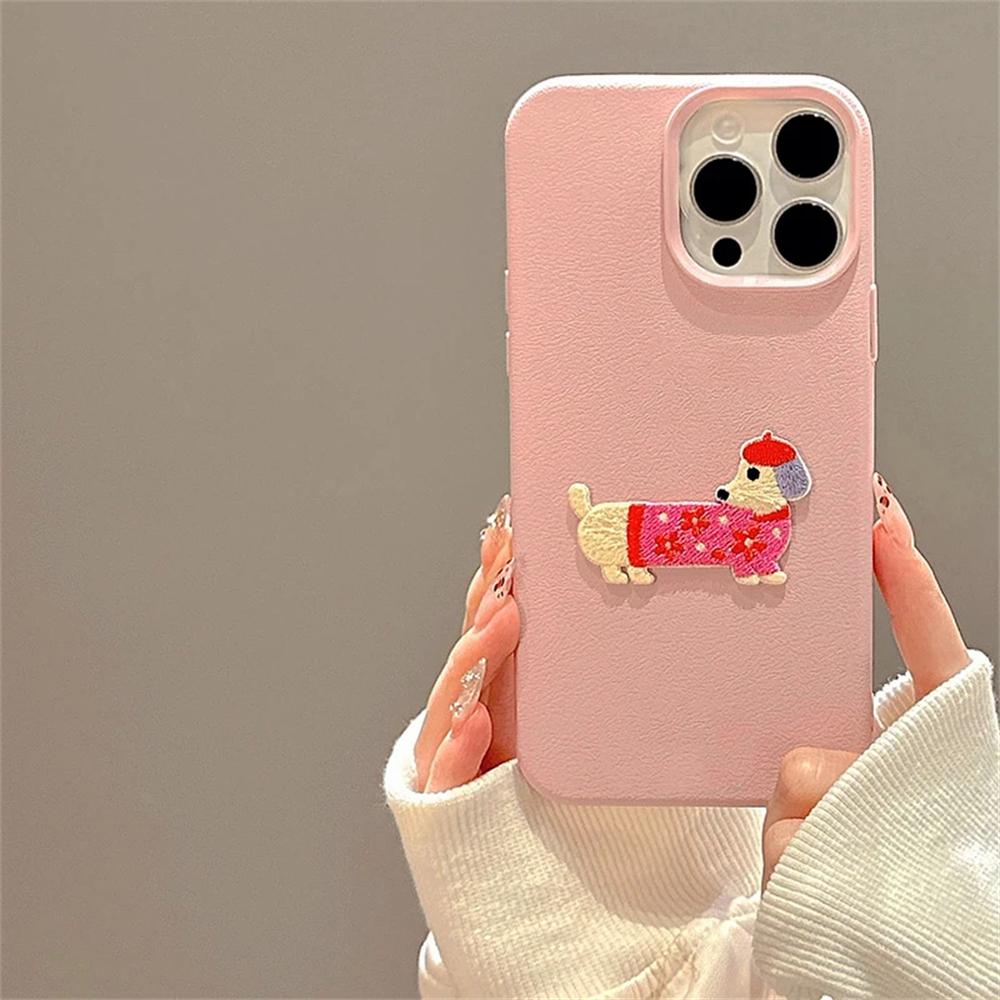 Husă Drăguță cu Broderie Desen Animat Cățeluș și Model Litchi din Piele PU pentru iPhone 16 15 11 Pro Max 14 Plus 13 Mini 12 X XR