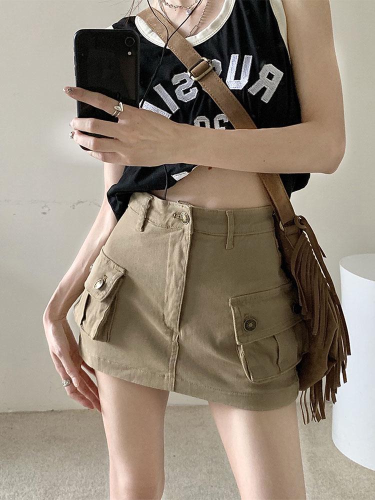 2023 Summer Khaki Denim Workwear Dress: Slimming American Style, High Waist A-Line Midi Skirt