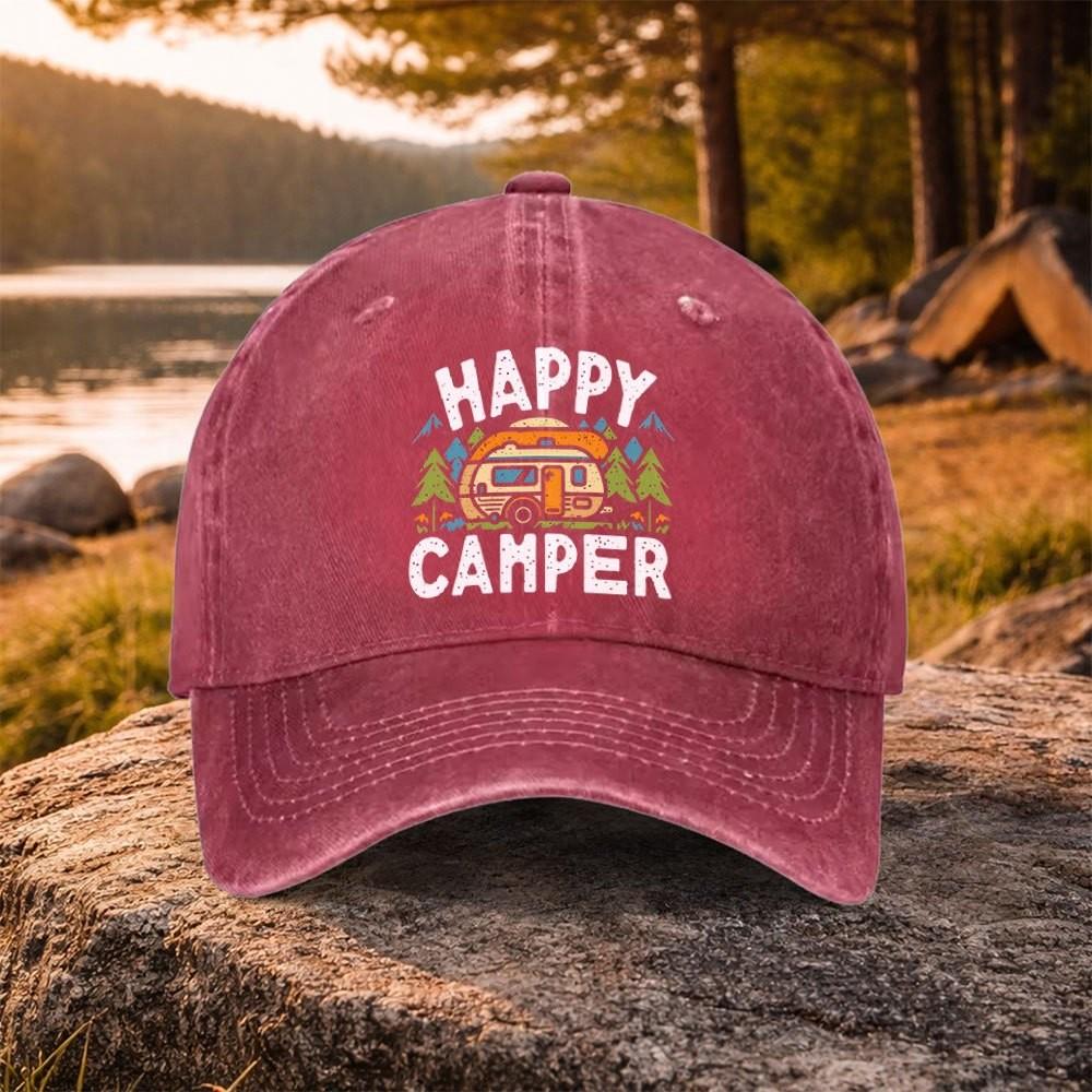 Happy Camper Print Washed Baseball Cap Unisex Cotton Hat for Outdoor Golf Daily Wear